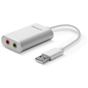 Adaptor LINDY 1x USB tip A Male - 2x Jack 3.5 mm Female, Argintiu