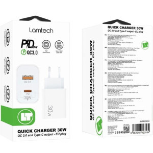 Lamtech LAM023534, Quick Charge 3.0, Power Delivery 30W, 1x USB, 1x USB-C, White