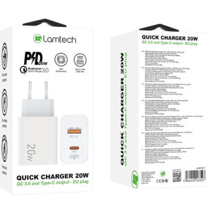 Lamtech LAM023527, 1x USB, 1x USB-C, 20W, Quick Charge, Power Delivery, White