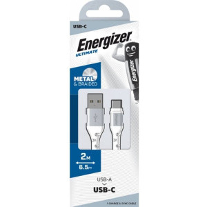 Energizer USB Male la USB-C Male, braided nylon, 2 m, White