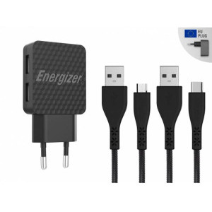 Energizer AC2BEULCMM, 2x USB, 2.4A, cablu USB-C, microUSB