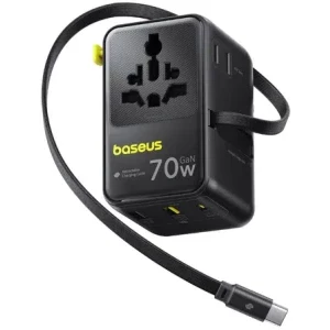 Incarcator retea Baseus EnerCore CG11, 2x USB-C, 2x USB, 2x Schuko, Quick Charge 70 W, Cablu USB-C retractabil, Black