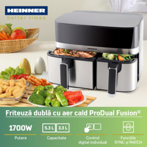Heinner Friteuza cu aer cald ProDual Fusion HAF-H9DB17BKS, 1700W, 3.3 L / 5.3L, Negru/Argintiu