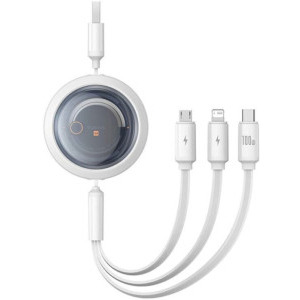 Baseus Free2Draw, USB Male la USB-C Male & MicroUSB Male & Lightning Male, 100 W, Retractabil, 1.1 m, White