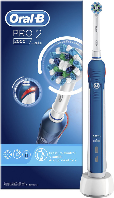 Oral-B Periuta de dinti electrica PRO 2 2000 Cross Action, 40000 pulsatii/min, 8800 oscilatii/min, Curatare 3D, 2 programe, 1 capat, Alb/Albastru