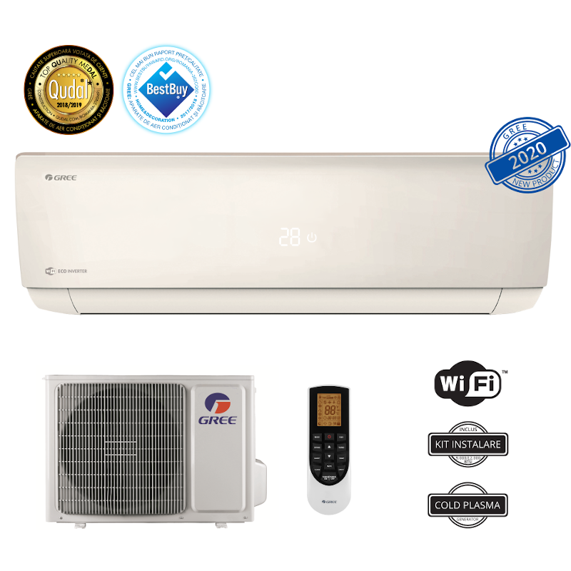 Aer conditionat Gree Bora A4 Silver GWH09AAB-K6DNA4A, 9000 BTU, A++/A+, Wi-Fi, Inverter + Generator Cold Plasma , Kit instalare inclus
