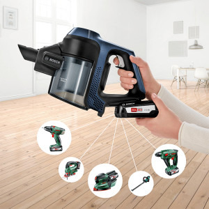 Bosch vertical cu acumulator BCS611P4A Serie 6, 18V, autonomie 30 min, 0.3 L, 85dB, Albastru