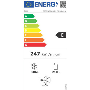 Beko B3RCNA364HXB1, 316 L, Clasa E, No Frost, HarvestFresh, AeroFlow, Kitchen Fit, EverFresh+, 187 cm, Metal Look