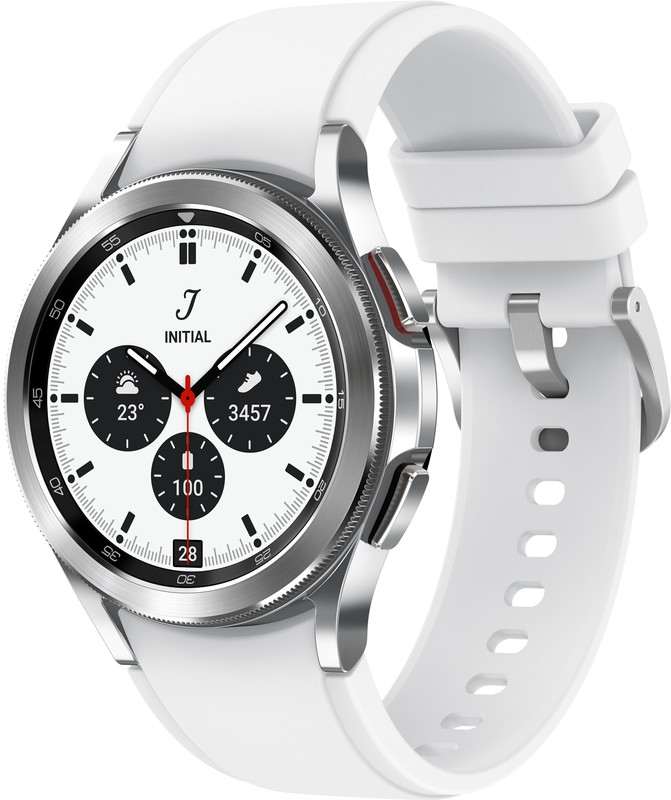 SmartWatch Samsung Galaxy Watch 4 Classic, LTE, 42 mm, otel argintiu, curea silicon alb, Wi-Fi, Bluetooth, GPS, NFC, rezistent la apa
