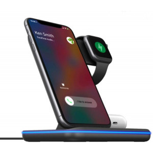 3-in-1 Wireless Qi Fast Charger 15W, Black, incarca simultan telefonul mobil, ceasul smart si castile