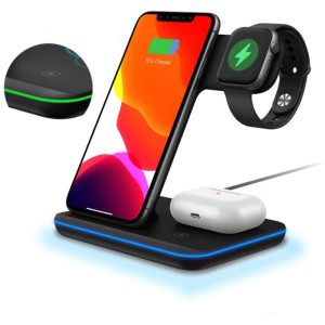 3-in-1 Wireless Qi Fast Charger 15W, Black, incarca simultan telefonul mobil, ceasul smart si castile