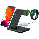 Incarcator wireless 3-in-1 Wireless Qi Fast Charger 15W, Black, incarca simultan telefonul mobil, ceasul smart si castile