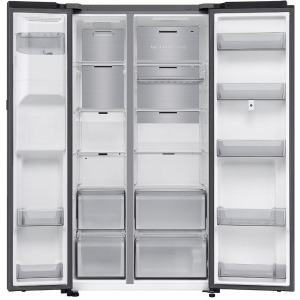 Samsung RS90F66BEFEO, 614 L, Clasa E, Full No Frost, Digital Inverter, Family Hub, Twin Cooling Plus, Smart Conversion, Metal Cooling, AI Energy, SmartThings, Dozator de apa & gheata, Control electronic, 178 cm, Inox negru