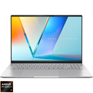 Laptop ASUS 16 Vivobook S 16 OLED M5606KA, 3K 120Hz, Procesor AMD Ryzen™ Al 7 350 (16M Cache, up to 5.0 GHz), 24GB LPDDR5X, 1TB SSD, AMD Radeon 860M, No OS, Cool Silver