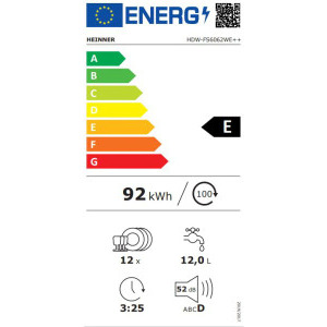 Heinner HDW-FS6062WE++, 12 seturi, 6 programe, Clasa E, Program rapid, 60 cm