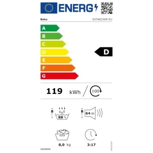 Beko B3T48239W EU, Pompa de caldura, 8 kg, Clasa D, EcoGentle, SteamCure, Iluminare interioara, Alb