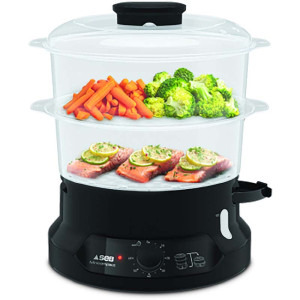 Tefal Aparat de gatit cu aburi, Aparat de gatit la aburi MiniCompact VC139810,800W, 6L, 2 compartimente, timer 60 min, indicator nivel apa, negru