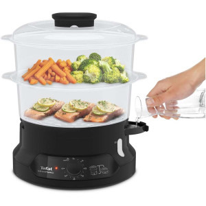 Tefal Aparat de gatit cu aburi, Aparat de gatit la aburi MiniCompact VC139810,800W, 6L, 2 compartimente, timer 60 min, indicator nivel apa, negru