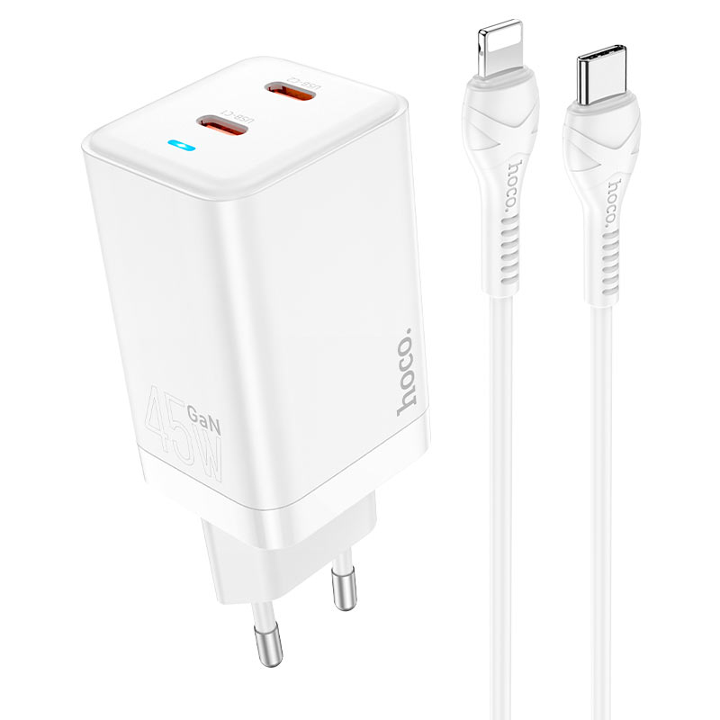 Incarcator retea Hoco GaN, N23 Astral, 2x USB-C, 45W, alb, tehnologia Quick Charge + cablu USB-C la Lightning