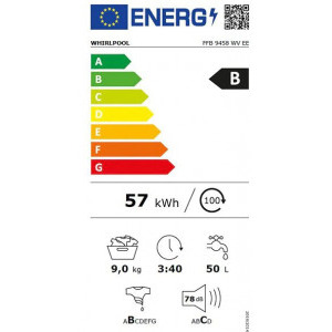 Whirlpool FFB9458WVEE, 9 kg, 1400 RPM, Clasa B, Steam Refresh, 6th Sense, Inverter, Alb