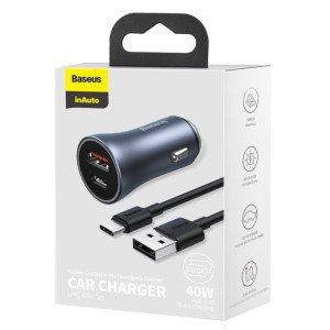 Baseus Golden Contactor, 1x USB, 1x USB-C, 40W, Grey + cablu USB-C