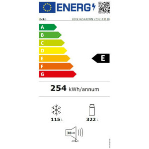 Beko RDSE465K40WN, 437 L, Clasa E, Cooling Fan, Safety Glass, 185 cm, Alb