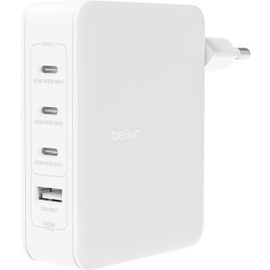 Incarcator retea Belkin Gan 140W 3x USB-C, 1x USB, White + adaptoare UK/EU/US