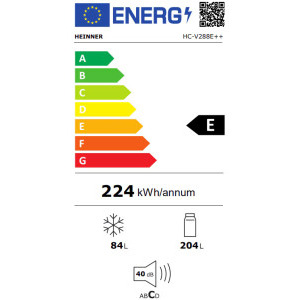 Heinner HC-V288E++, 288 L, Clasa E, Less Frost, Control mecanic, Iluminare LED, 180 cm, Alb