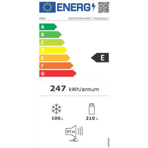 Beko B3RCNA364HXBR1, 316 L, Clasa E, No Frost, HarvestFresh, AeroFlow, Kitchen Fit, Everfresh+, 187 cm, Dark Inox