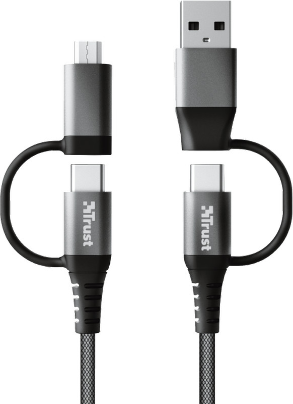 Cablu de date / adaptor Trust 4-In-1, Keyla, USB, USB-C Male la USB-C, microUSB Male, 1 m, Grey-Black, amperaj maxim suportat 3A