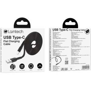 Lamtech Flat USB Male la USB-C Male, 1 m, Black, amperaj maxim suportat 3A