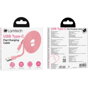 Lamtech Flat USB Male la USB-C Male, 1 m, Pink, amperaj maxim suportat 3A