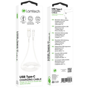 Lamtech USB Male la USB-C Male, 2.1A 1 m, White