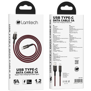 Lamtech USB Male la USB-C Male, 1.2 m, Black, amperaj maxim suportat 5A