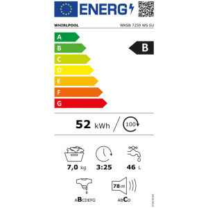 Whirlpool WRSB7259WSEU, Slim, 7 kg, 1200 RPM, Clasa B, Inverter, Display, Alb