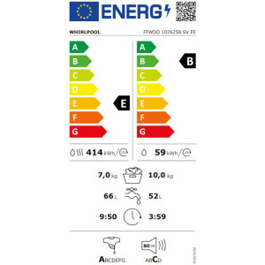 Whirlpool FFWDD1076258SVEE, Spalare 10 kg, Uscare 7 kg, 1600 RPM, Clasa B, 6th Sense, FreshCare+, Inverter, Display, Alb