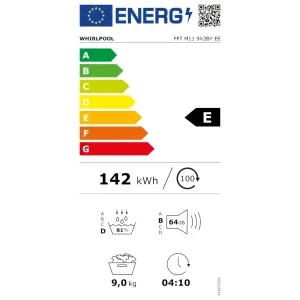 Whirlpool FFTM119X2BYEE, Pompa de caldura, 9 kg, Clasa E, Inverter, FreshCare+, 6th Sense, Alb