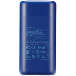 ADATA P10000QCD, 10000 mAh, 2x USB, 1x USB-C, 3A, Quick Charge 3.0, Dark Blue