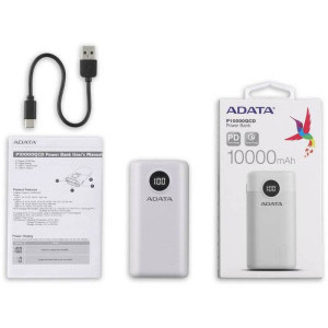 ADATA P10000QCD, 10000 mAh, 2x USB, 1x USB-C, 3A, Quick Charge 3.0, White