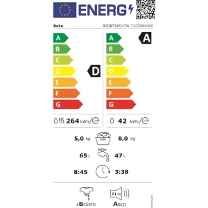 Beko incorporabila B5DBT68547W, Spalare 8 kg, Uscare 5 kg, 1400 RPM, Clasa D, ProSmart Inverter, SteamCure, Alb