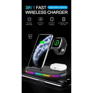 3-in-1 Wireless Qi Fast Charger 15W, Black, incarca simultan telefonul mobil, ceasul smart si castile, iluminare RGB