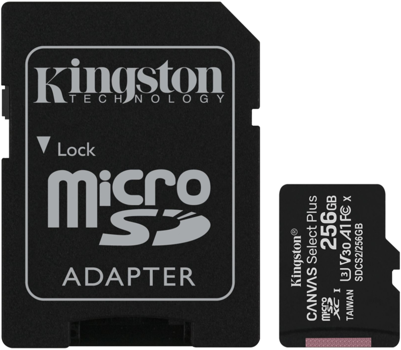 Card memorie Kingston 256GB, Micro SDXC Canvas Select Plus 100R, Clasa 10, UHS-I, U3, V30, A1 performance + Adaptor