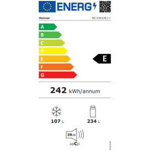 Heinner HC-V341XE++, 340 L, Clasa E, Less Frost, Iluminare LED, Control mecanic, 186 cm, Inox