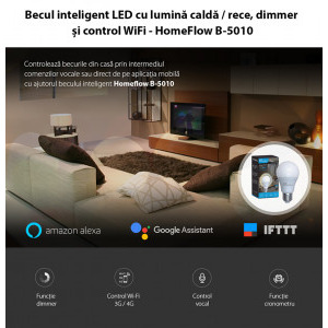 Homeflow Bec inteligent LED Wireless B-5010, E27, 9W(25W), 806lm, Control de pe telefonul mobil