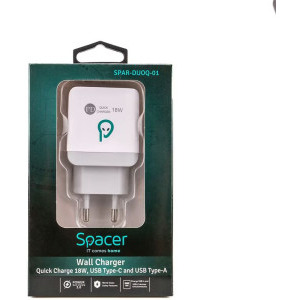 Spacer SPAR-DUOQ-01, 1x USB-C, 1x USB, Quick Charge 18W, alb