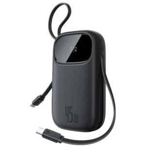 Baseus EnerFill FC31, 10000 mAh, 1x USB, 1x USB-C, 45 W, Display, 2x Cabluri USB-C integrate, Black