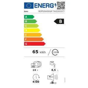 Beko BDFN26450WP, 14 seturi, 6 programe, Clasa B, ProSmart Inverter, PowerIntense, SelfDry, WaterSafe, 60 cm, Alb