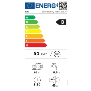Beko BDIS38050Q, Slim, 10 seturi, 6 programe, Clasa B, ProSmart Inverter, SelfDry, AquaIntense, AquaFlex, 45 cm