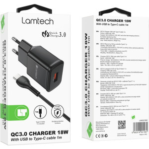 Lamtech LAM021981, 1x USB, 18W, Quick Charge 3.0, Black + Cablu Type-C 1m inclus