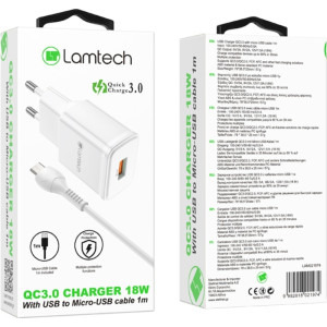 Lamtech LAM021974, 1x USB, 18W, Quick Charge 3.0, White + Cablu MicroUSB 1m